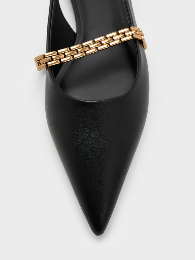 Chain-Strap Pointed-Toe Slingback Flats, Black, hi-res