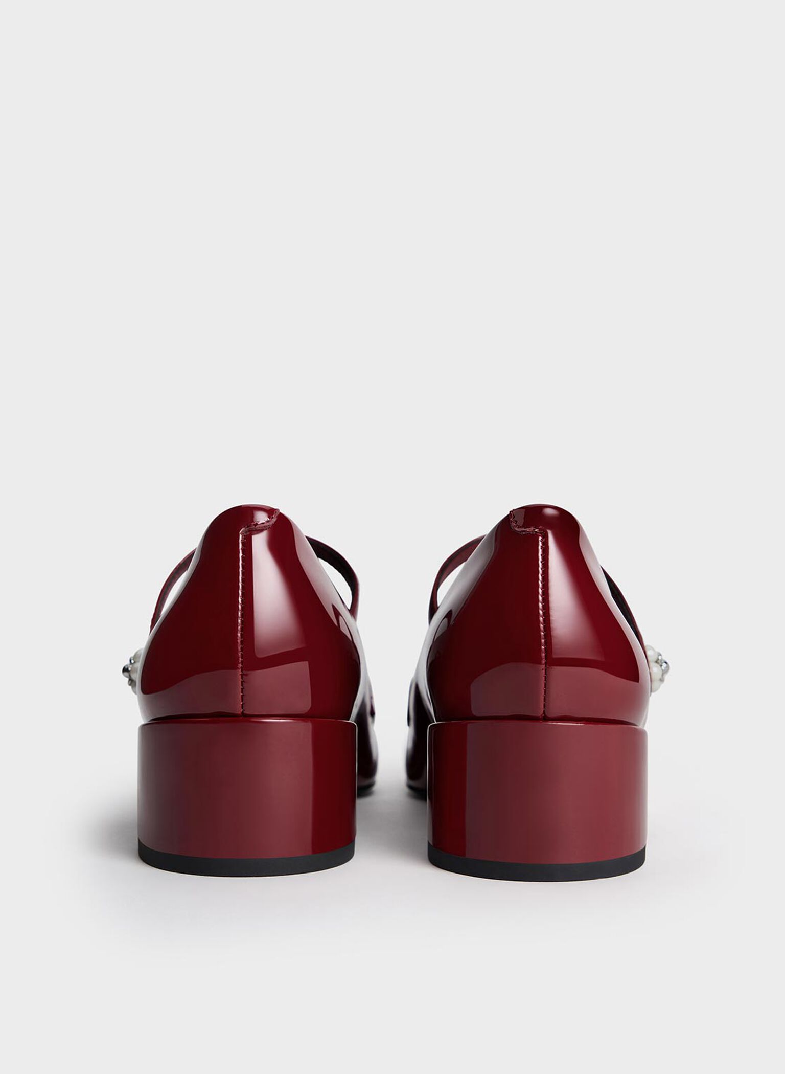 Patent Pearl-Embellished Flower-Buckle Mary Jane Loafers, Maroon, hi-res