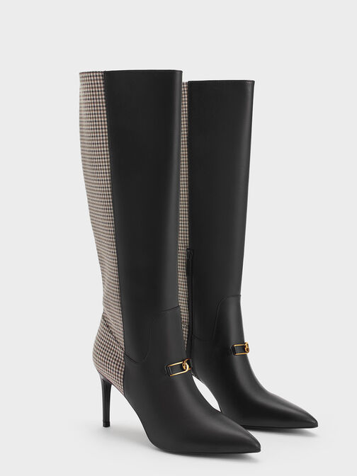 Gabine Leather Checkered Heeled Knee-High Boots, Multi, hi-res