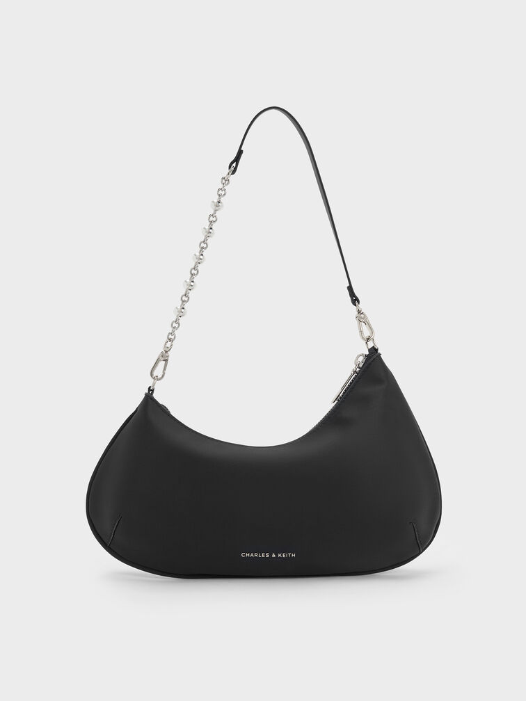 Dion Satin Chain-Handle Asymmetric Shoulder Bag, Noir, hi-res