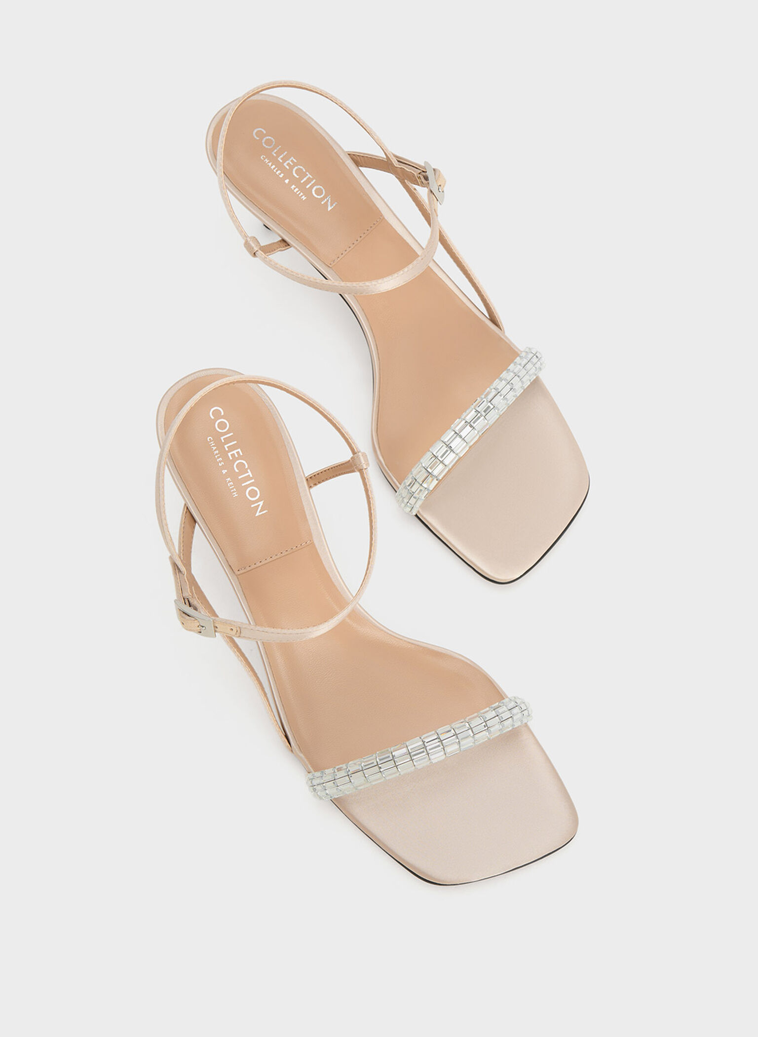 Recycled Polyester Gem-Embellished Ankle-Strap Sandals, Cream, hi-res
