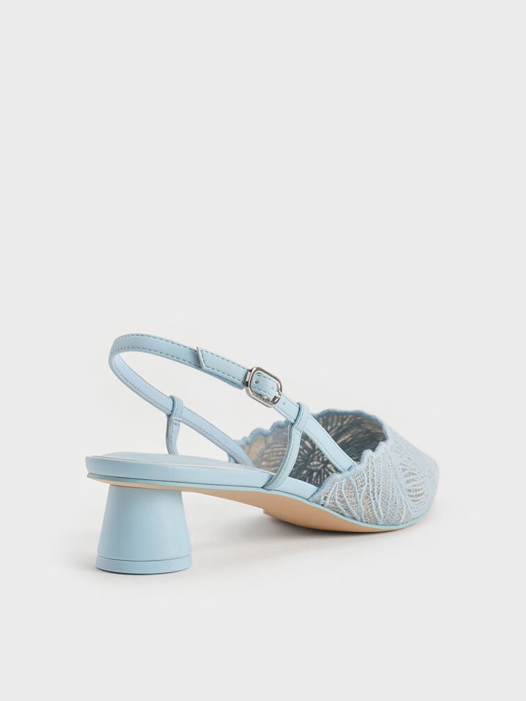 Crochet Floral Pointed-Toe Slingback Pumps, Blue, hi-res