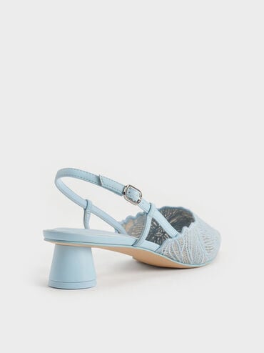 Crochet Floral Pointed-Toe Slingback Pumps, Blue, hi-res