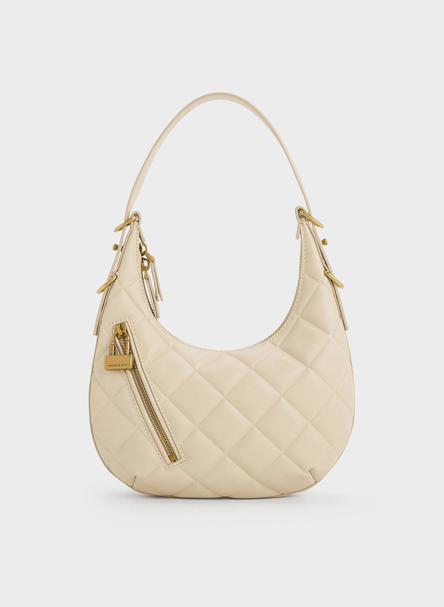 Swing Padlock Quilted Crescent Bag, Beige, hi-res