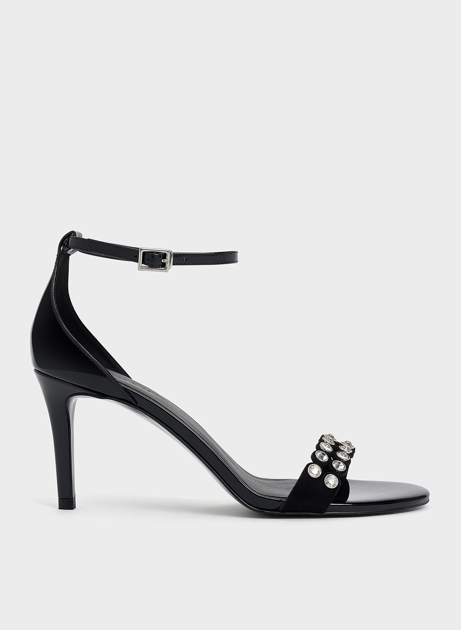 Patent Crystal-Embellished Heeled Ankle-Strap Sandals, Black Patent, hi-res
