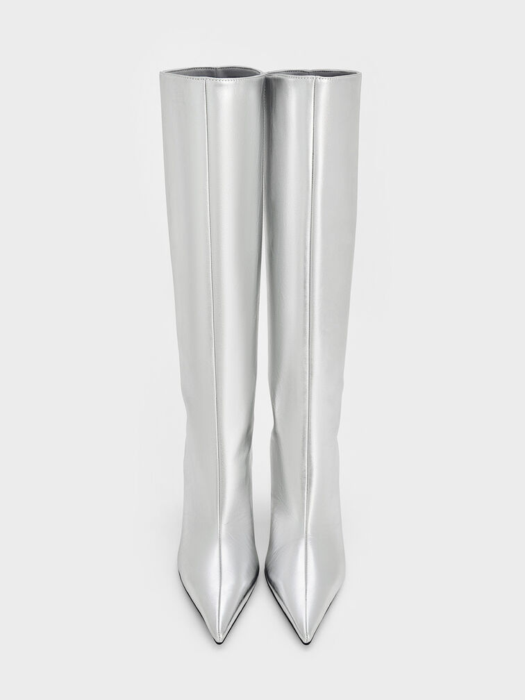 Metallic Pointed-Toe Stiletto-Heel Knee-High Boots, Silver, hi-res