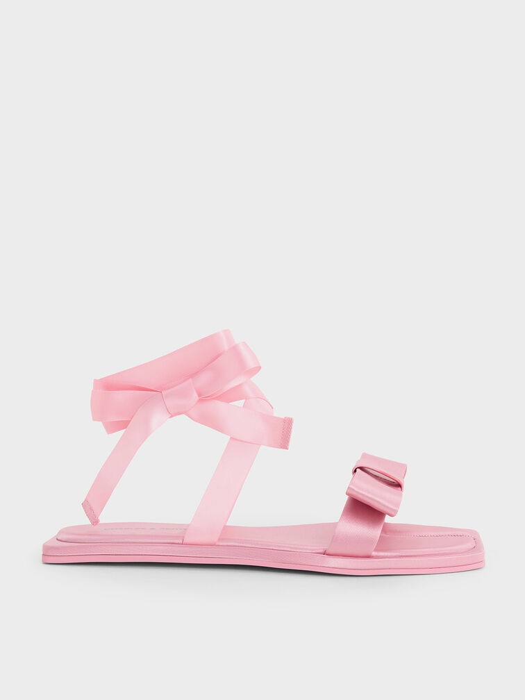 Satin Bow Tie-Around Flat Sandals, Pink, hi-res