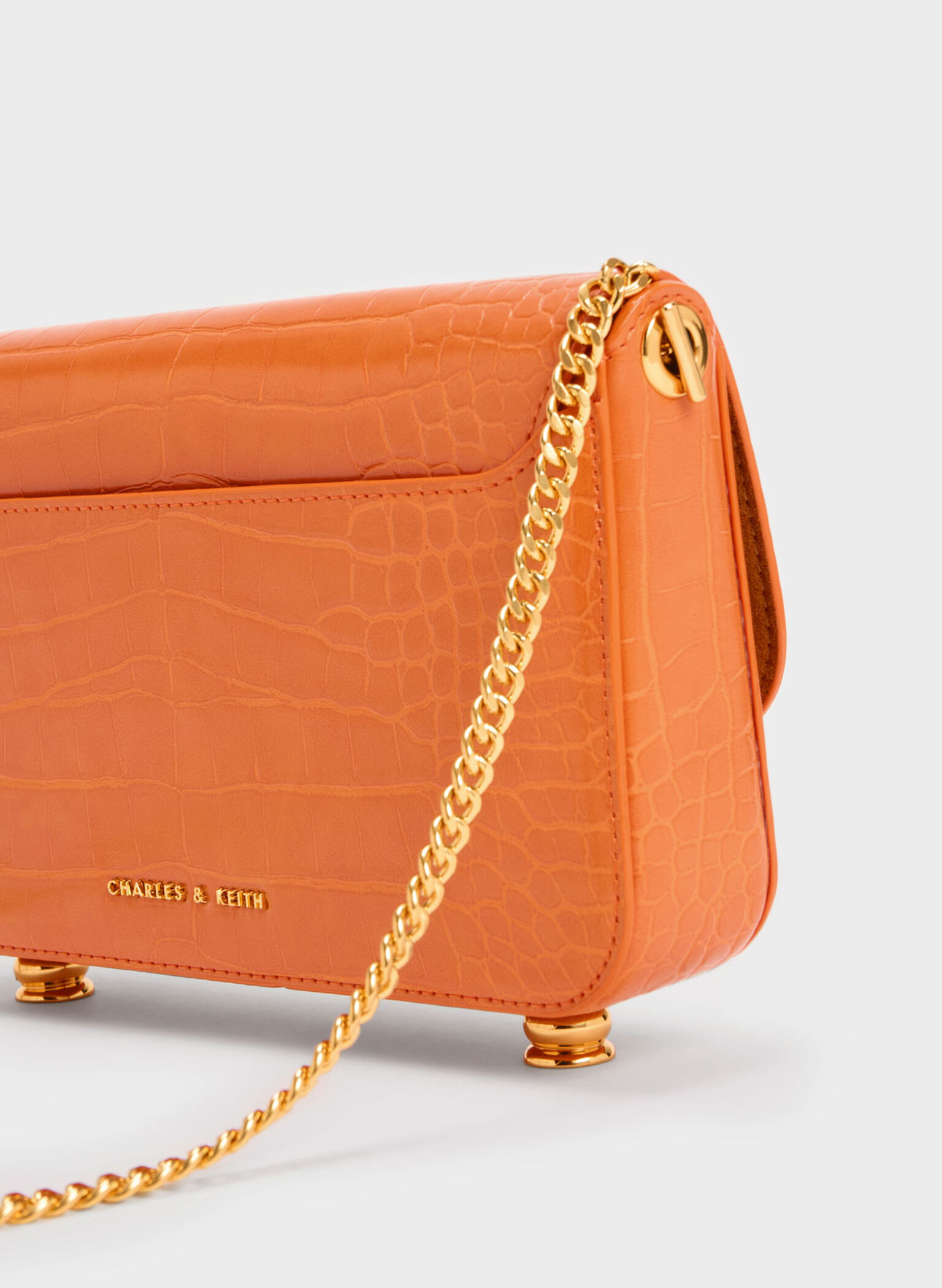 Meriah Croc-Embossed Clutch, Orange, hi-res