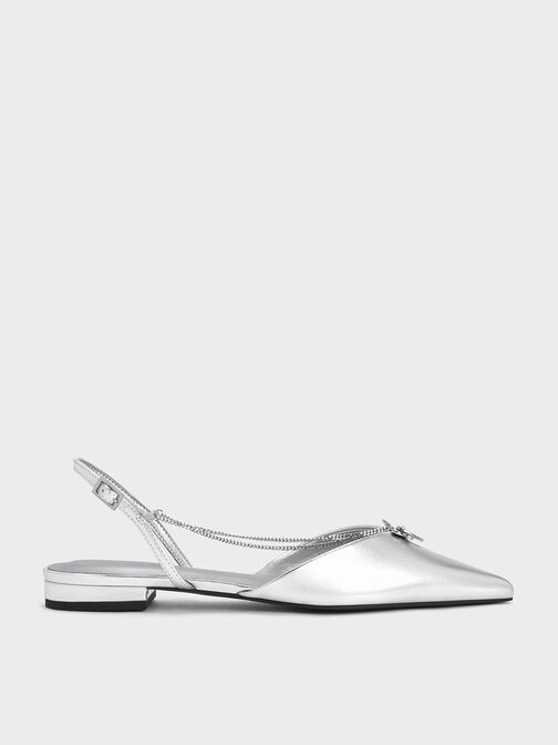 Metallic Flower-Accent Chain-Link Slingback Flats, Silver, hi-res