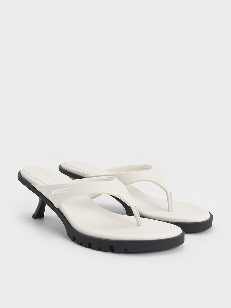 V-Strap Slant-Heel Thong Mules, White, hi-res