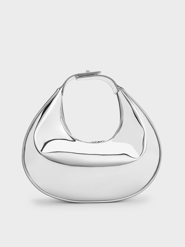 Metallic Crescent Hobo Bag, Silver, hi-res