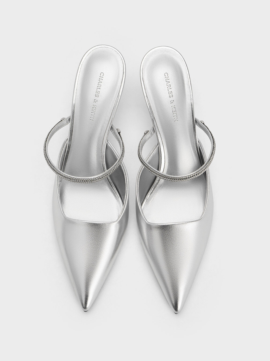 Metallic Braided Strap Pointed Toe Mules Silver