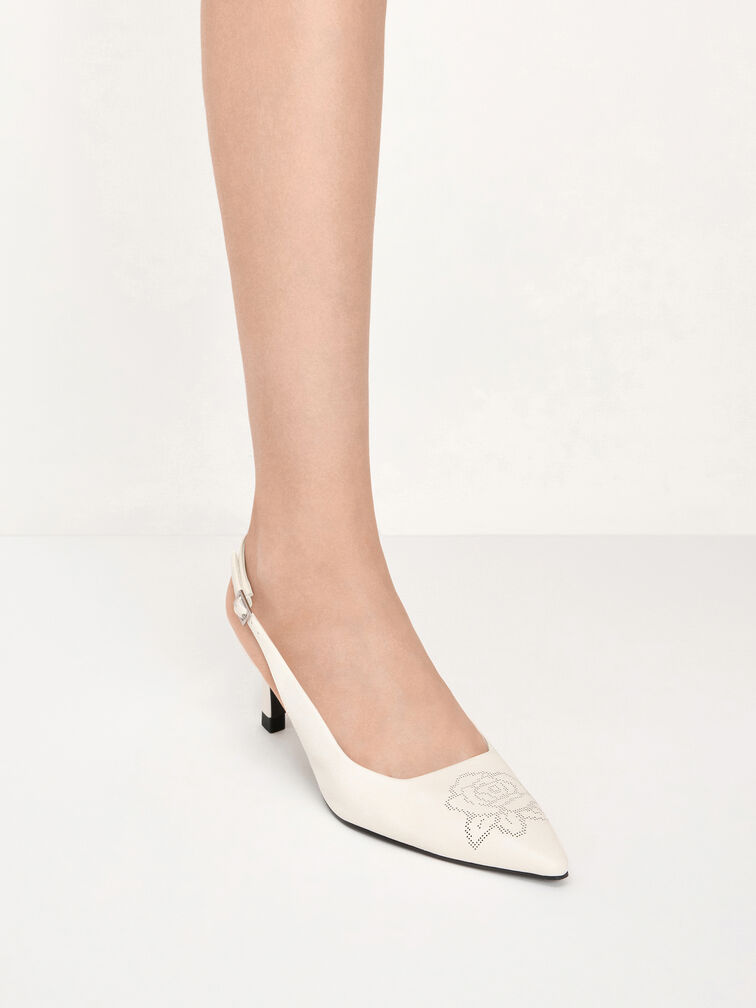 Perforated Rose Pointed-Toe Kitten-Heel Slingback Pumps, Chalk, hi-res