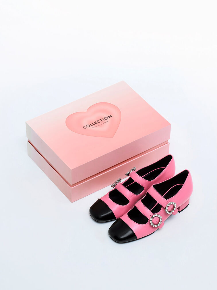Leather Double-Buckle Crystal-Embellished Mary Janes, Pink, hi-res