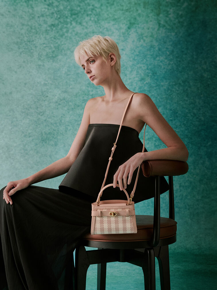 Aubrielle Checkered Top Handle Bag, Light Pink, hi-res