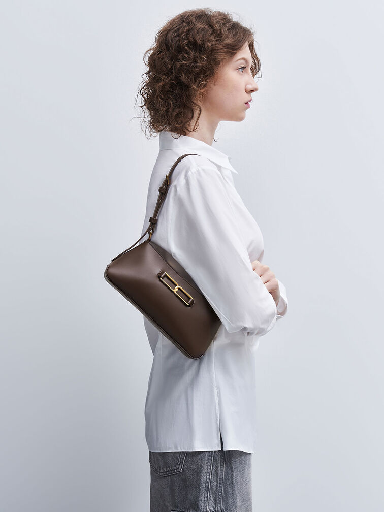 Gabine Leather Trapeze Shoulder Bag, Dark Brown, hi-res