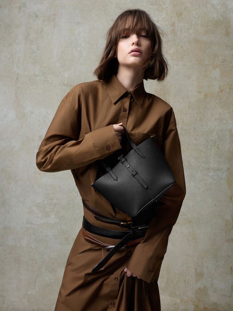 Beryl Recycled Leather Double-Handle Belted Bucket Bag, Black, hi-res