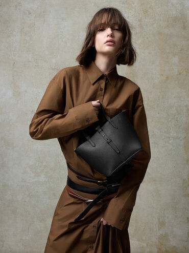 Beryl Recycled Leather Double-Handle Belted Bucket Bag, Black, hi-res