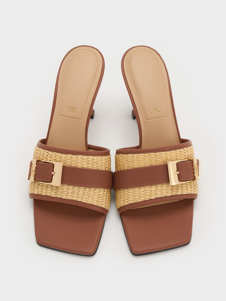 Whitney Leather & Raffia Buckled Heeled Mules, Brown, hi-res