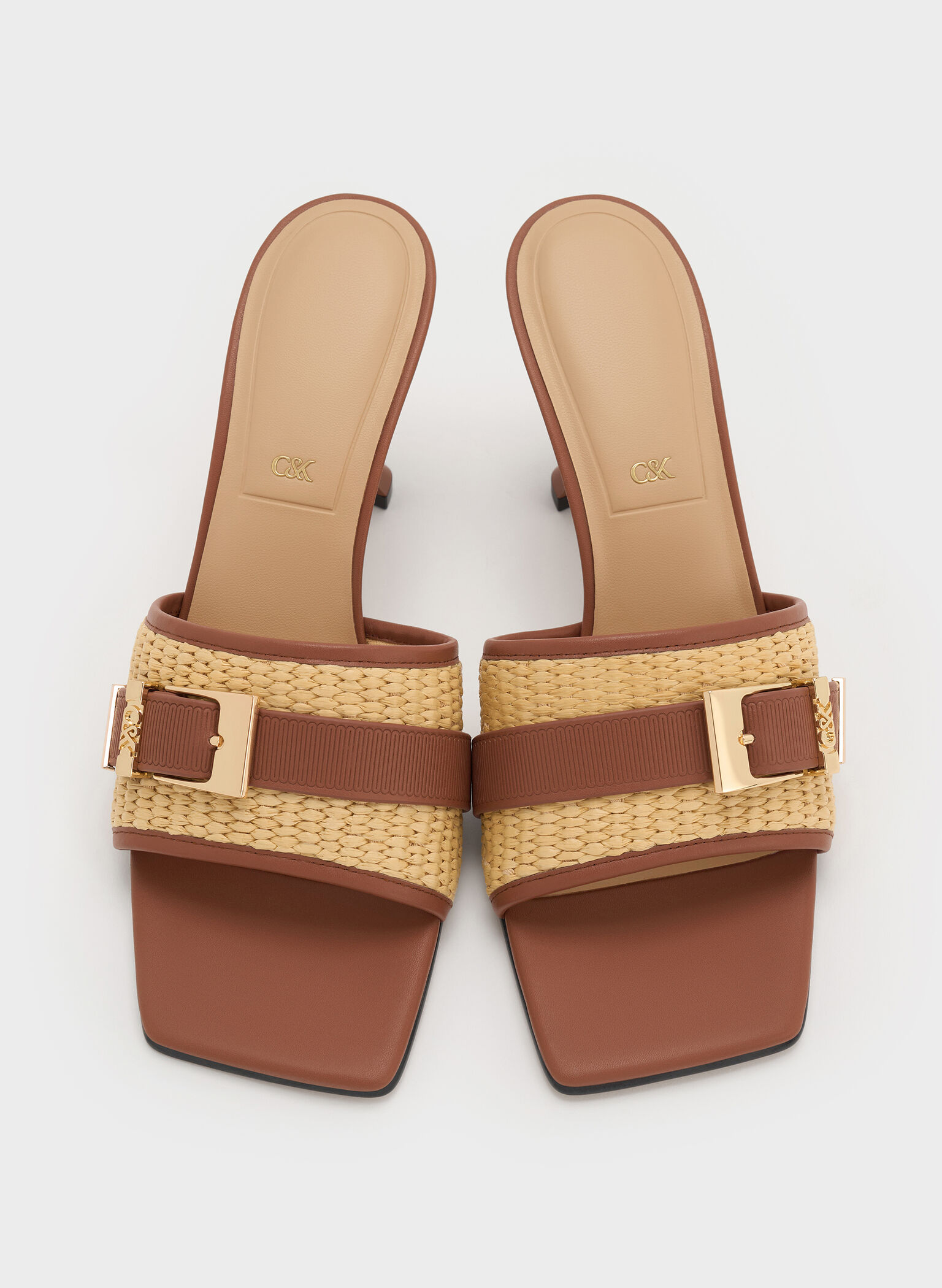 Whitney Leather & Raffia Buckled Heeled Mules, Brown, hi-res
