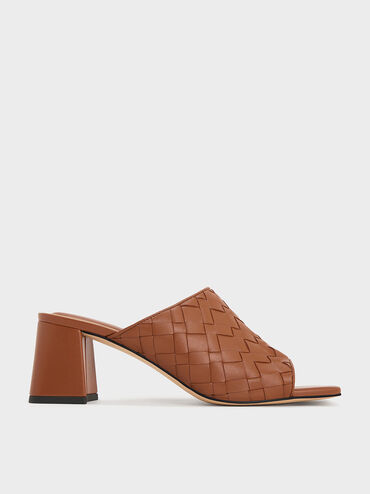 Woven Square-Toe Heeled Mules, Brown, hi-res