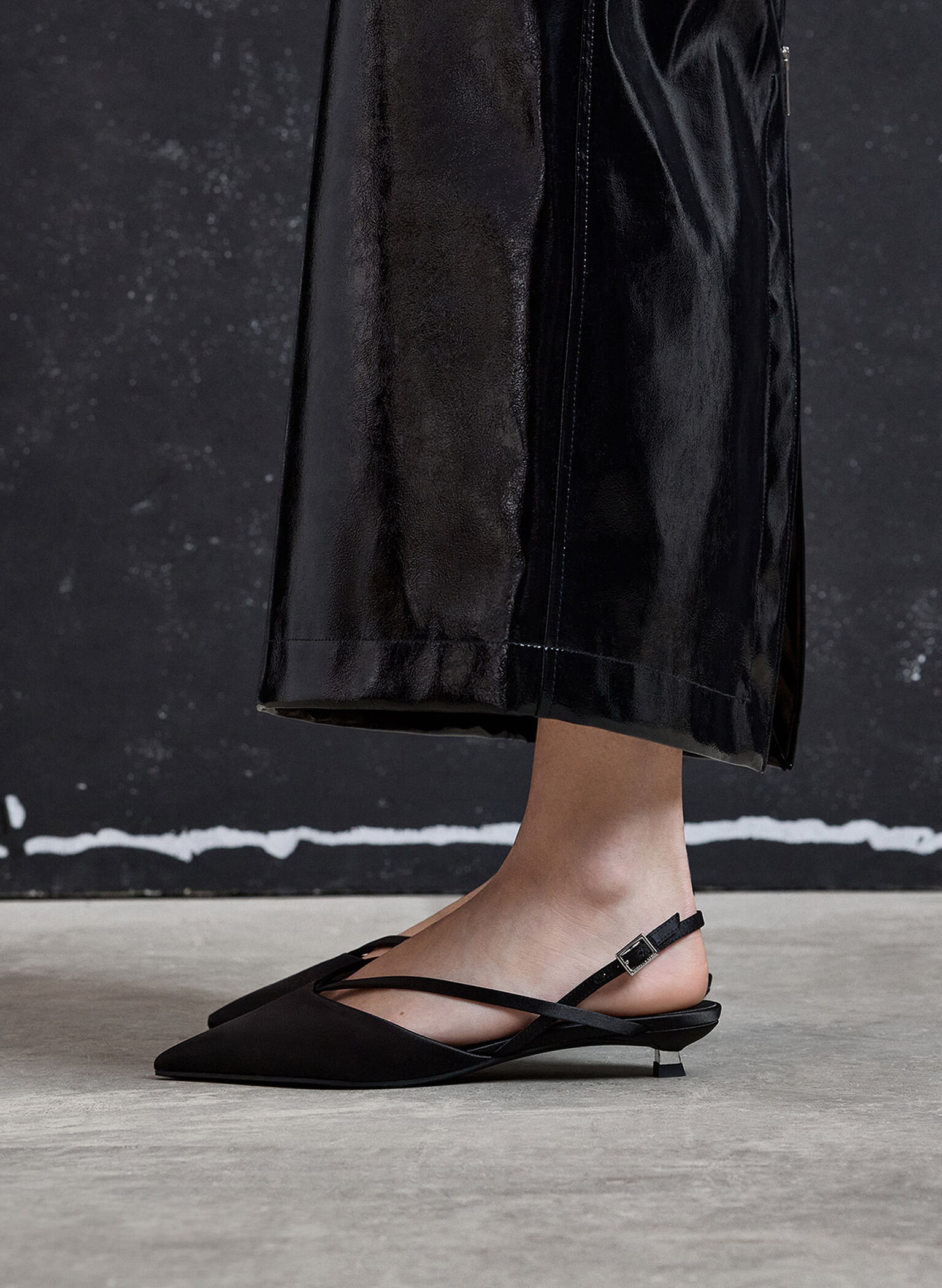Satin V-Strap Pointed-Toe Slingback Kitten Heels, Black Textured, hi-res