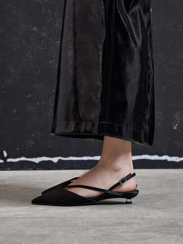 Satin V-Strap Pointed-Toe Slingback Kitten Heels, Black Textured, hi-res