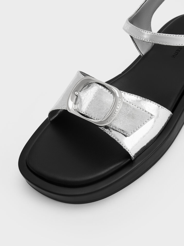 Metallic Buckled Slingback Sandals, Silver, hi-res