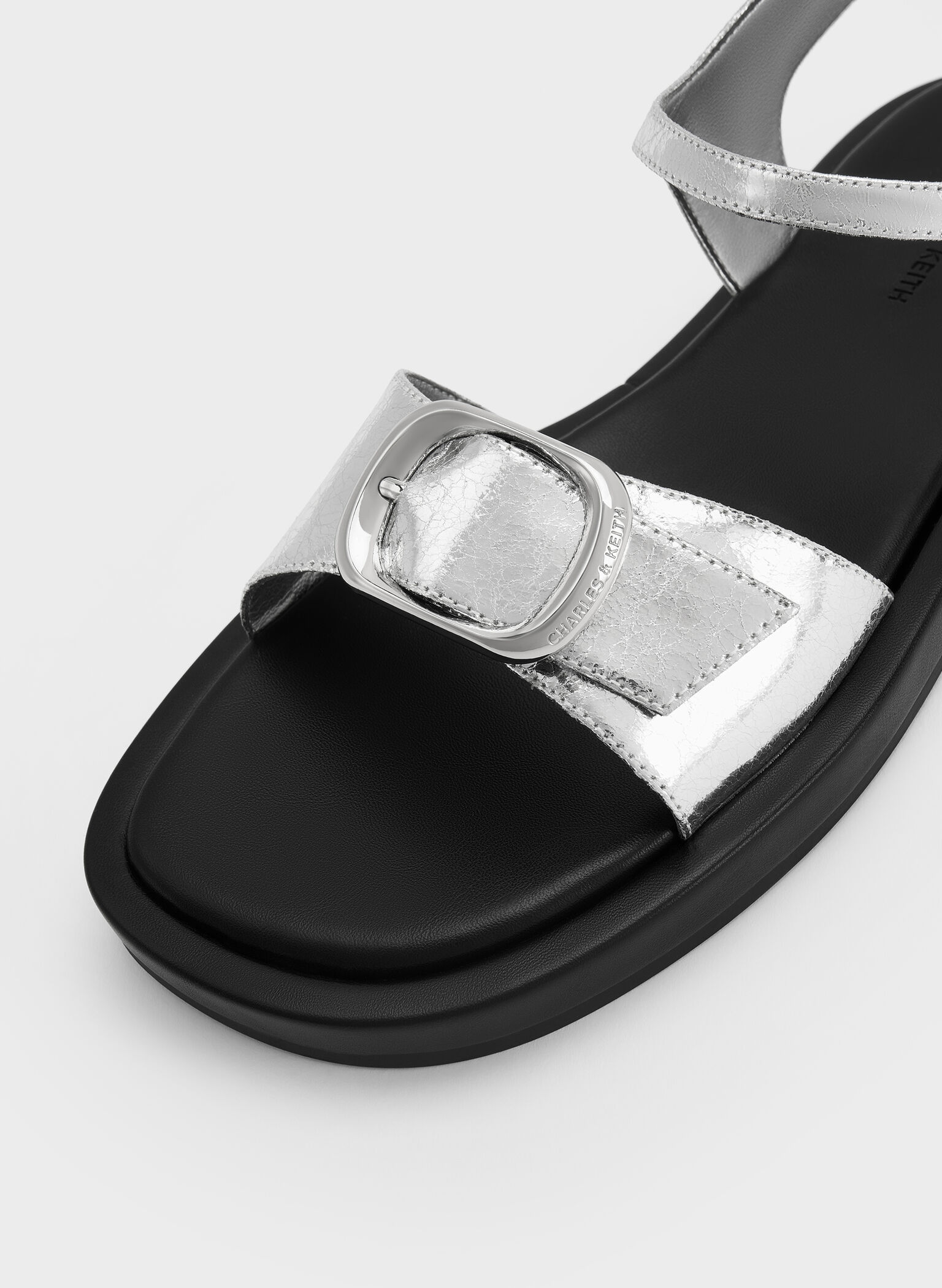 Metallic Buckled Slingback Sandals, Silver, hi-res