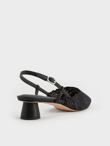Crochet Floral Pointed-Toe Slingback Pumps, Black Textured, hi-res