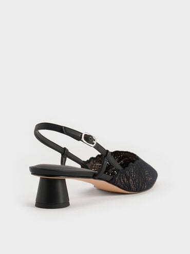 Crochet Floral Pointed-Toe Slingback Pumps, Black Textured, hi-res
