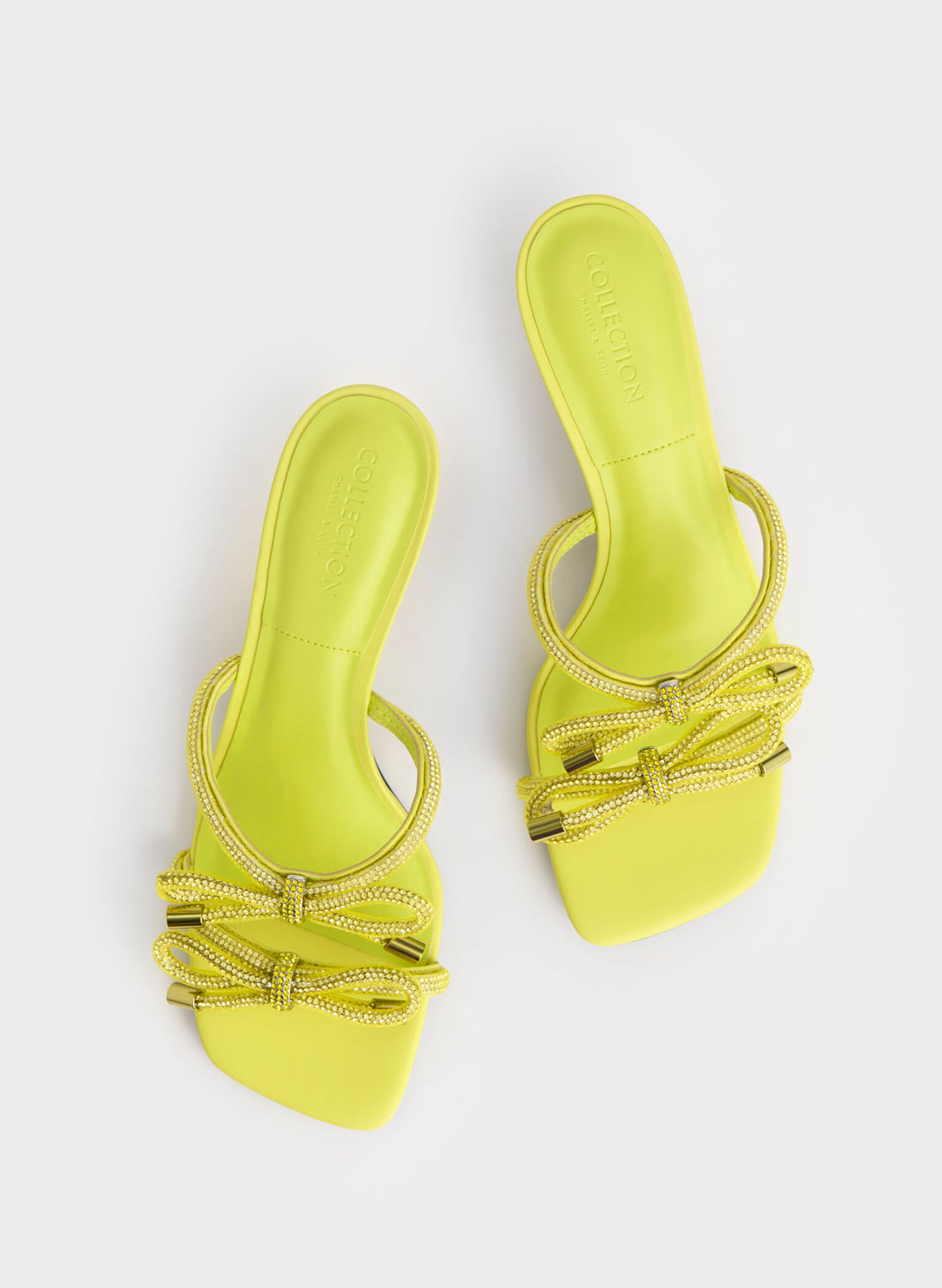 Gem-Embellished Bow-Tie Mules, Yellow, hi-res