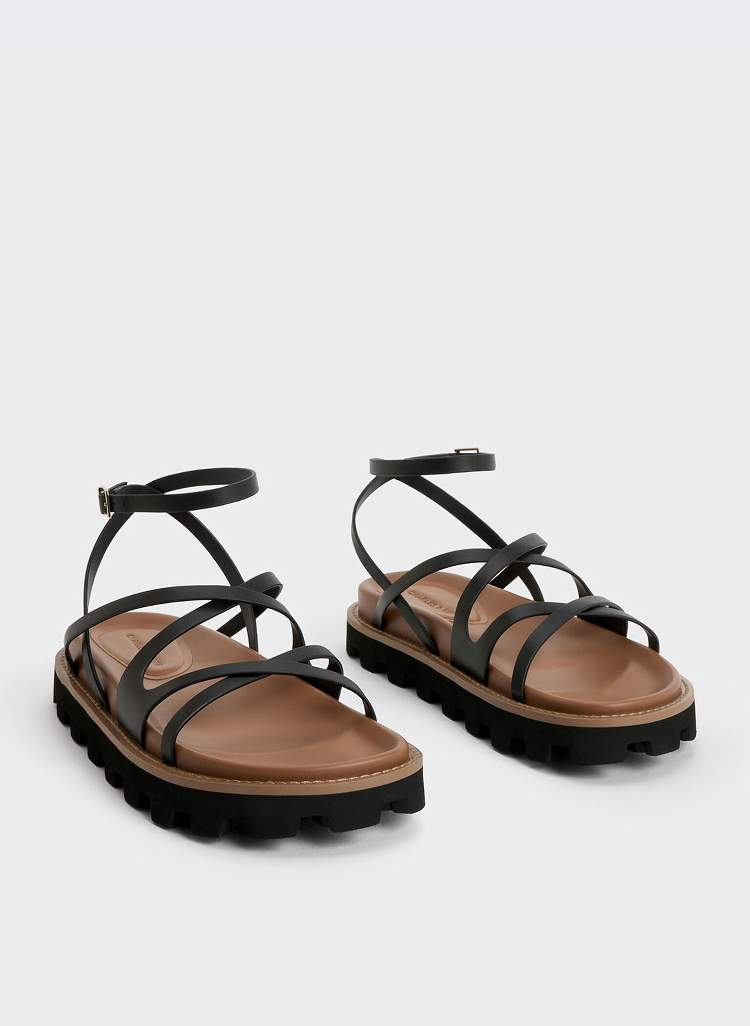 Crossover Ankle-Strap Sandals, Black, hi-res