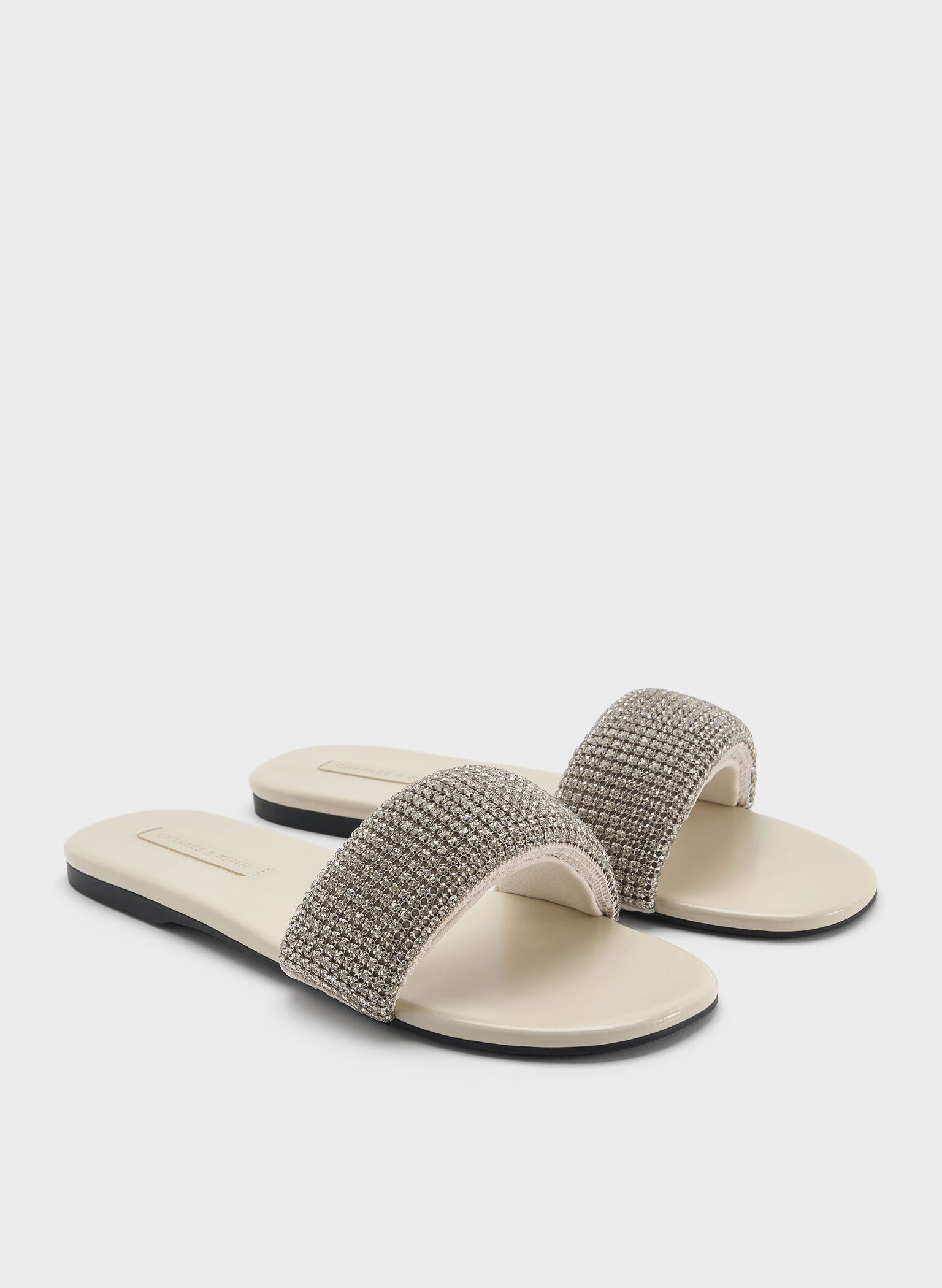 Faux Suede Crystal-Embellished Slide Sandals, Chalk, hi-res