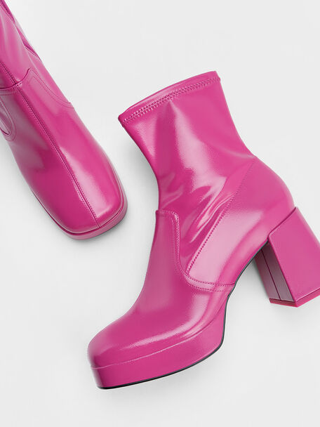Patent Crinkle-Effect Block-Heel Boots, Fuchsia, hi-res