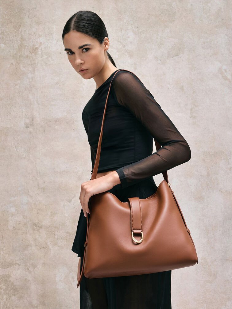 Gabine Leather Belted Hobo Bag, Chocolate, hi-res