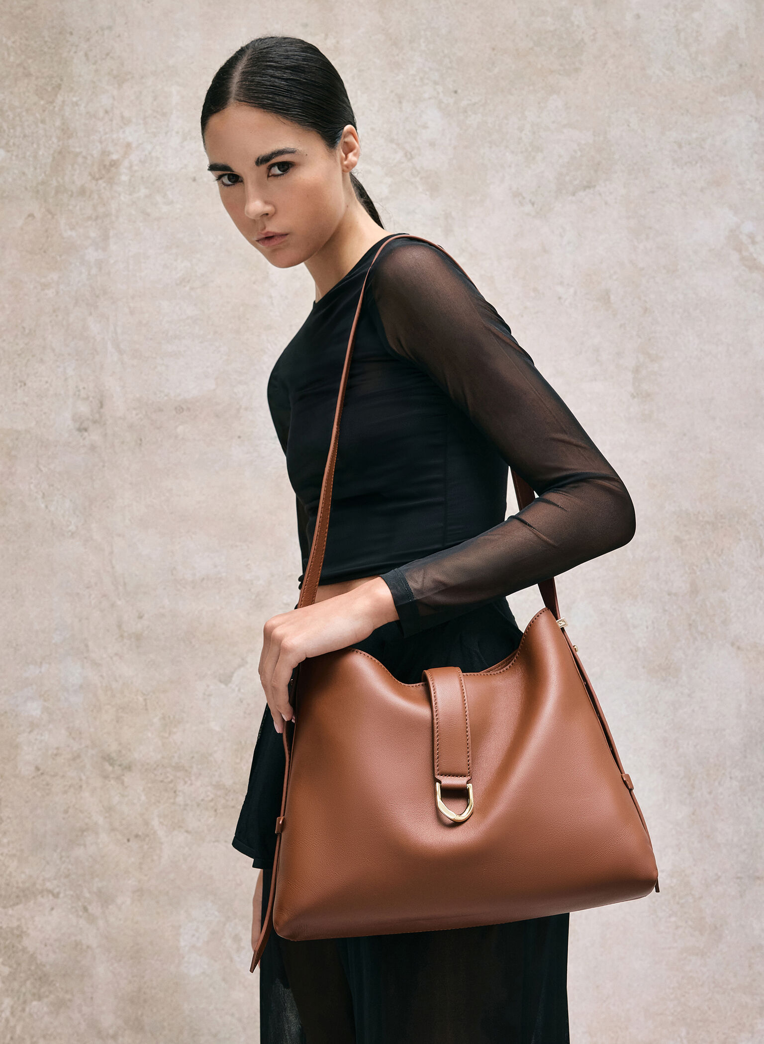 Gabine Leather Belted Hobo Bag, Chocolate, hi-res