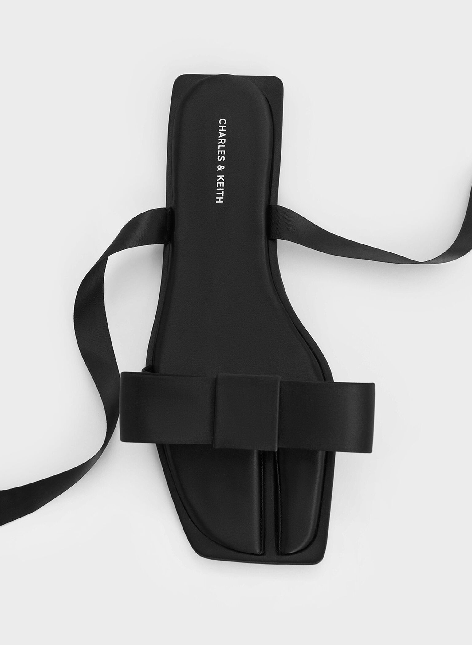 Satin Bow Tie-Around Flat Sandals, Black Textured, hi-res