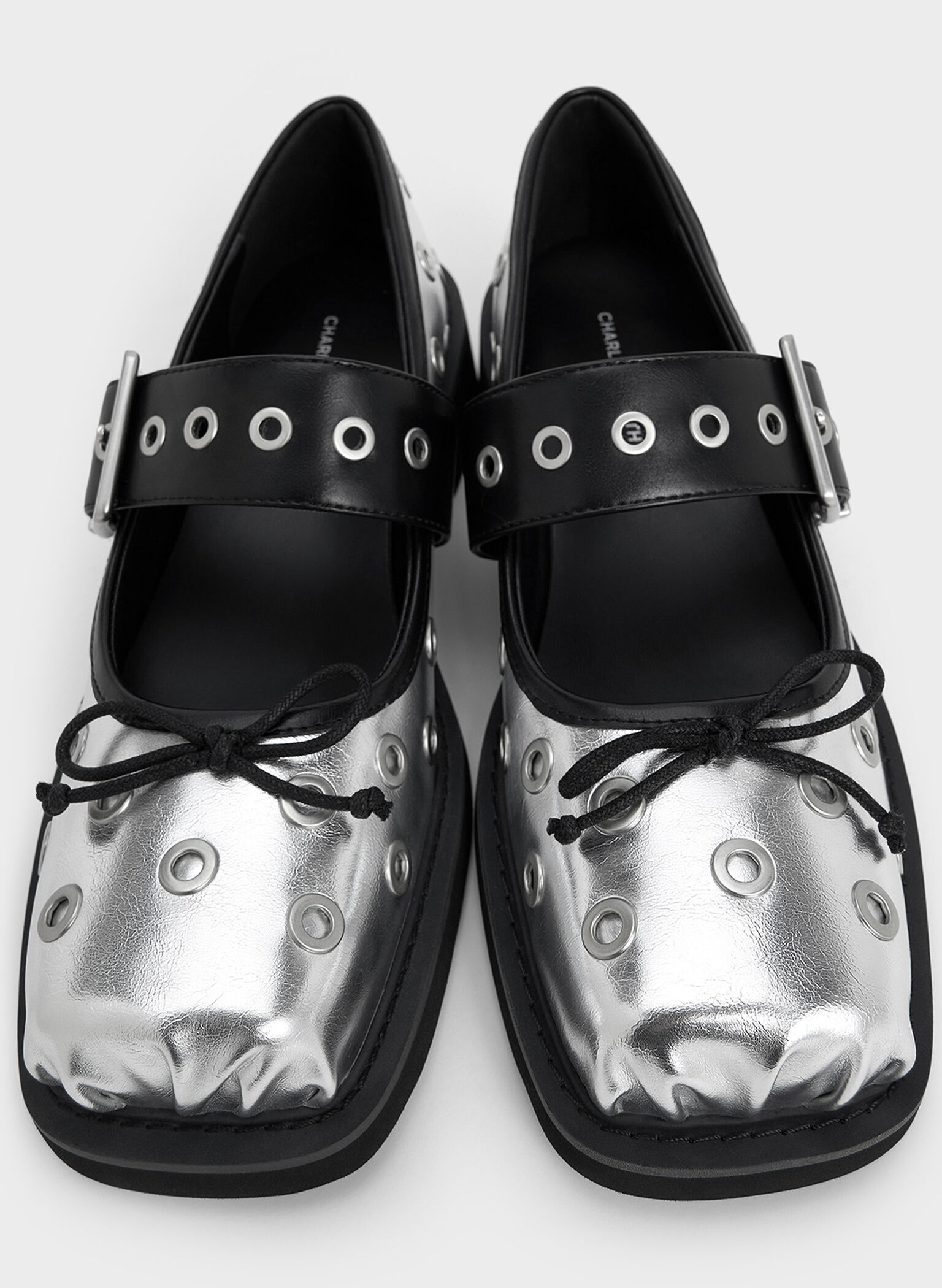 Metallic Grommet Buckled Mary Janes, Silver, hi-res