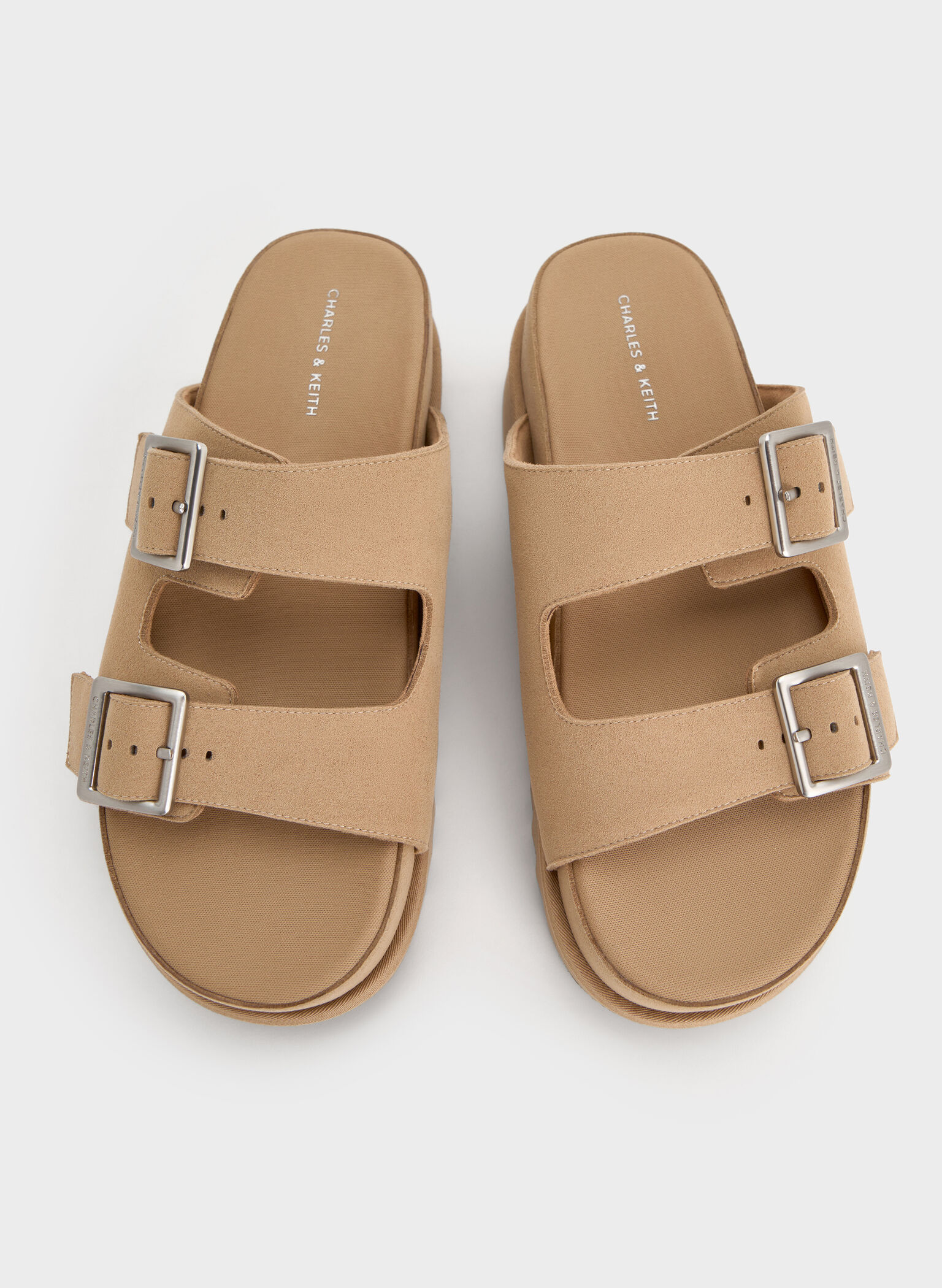 Buckled Double-Strap Flatform Sandals, Beige, hi-res