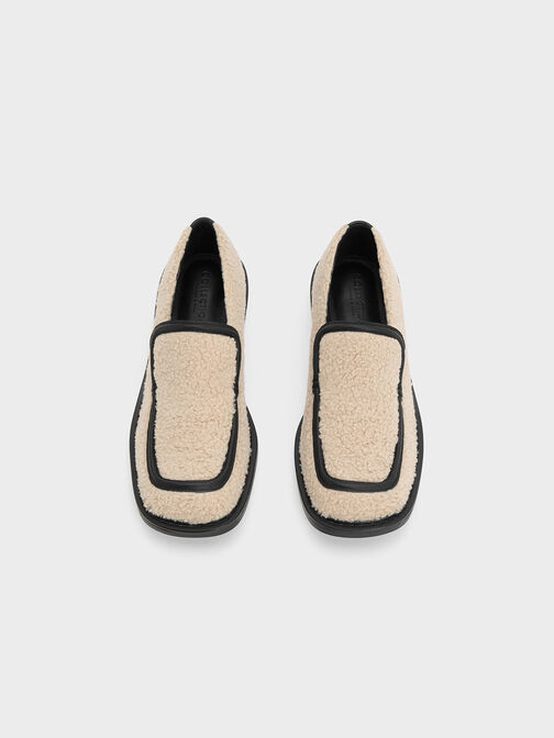 Rosalie Furry Leather Loafers, Beige, hi-res