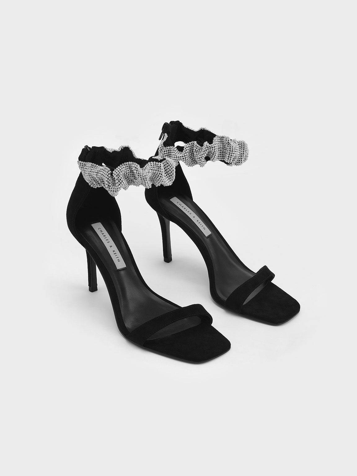 Gem-Encrusted Ruffle Strap Stiletto Sandals, Black, hi-res
