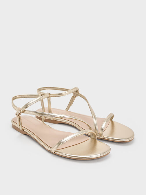 Metallic Ankle-Strap Sandals, Light Gold, hi-res