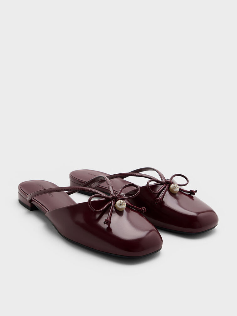 Pearl-Accent Bow Flat Mules, Burgundy, hi-res