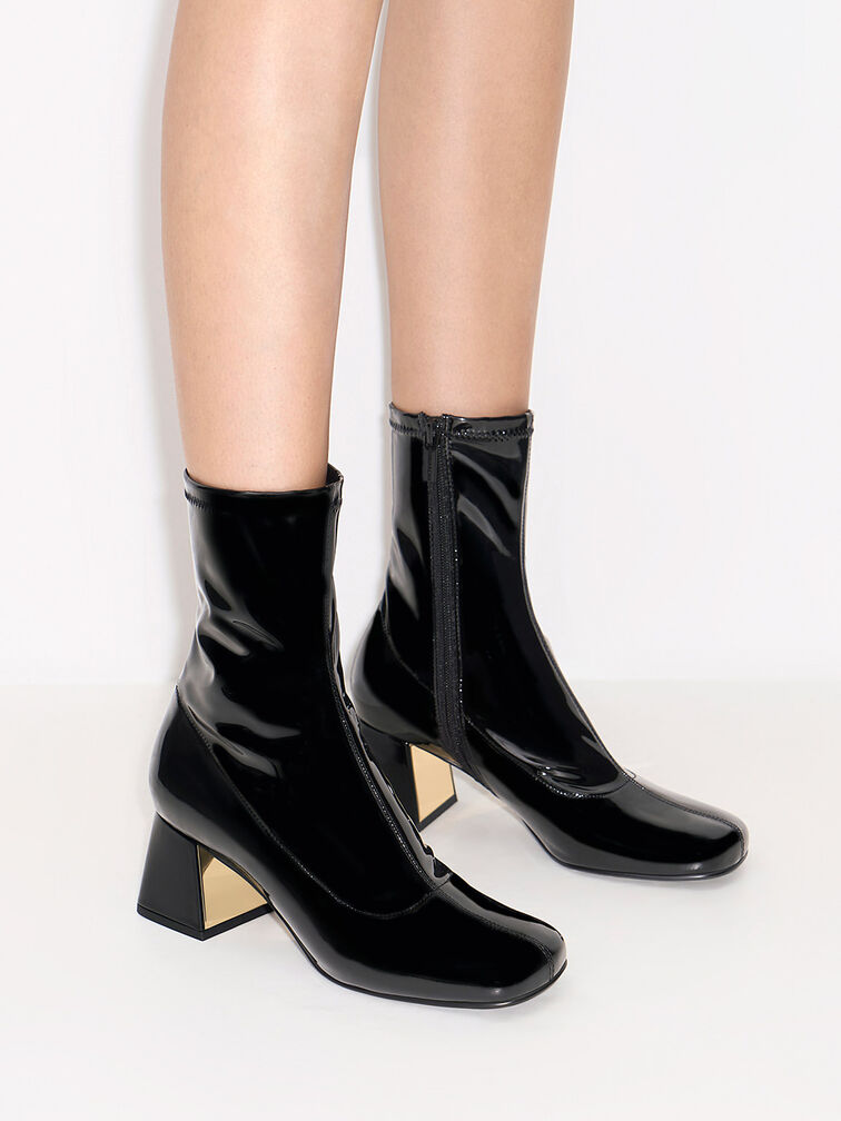 Jully Patent Metallic Trapeze Heel Ankle Boots, Black Patent, hi-res