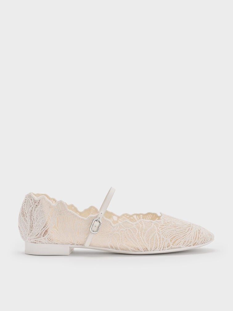 Crochet Floral Mary Jane Flats, White, hi-res