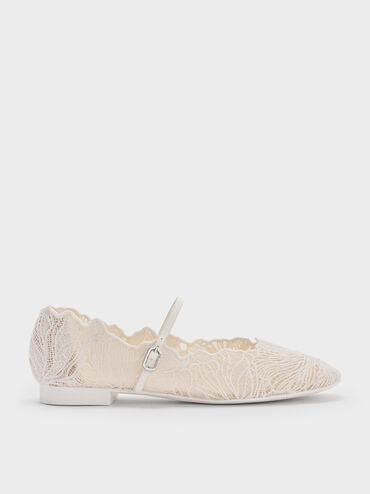 Crochet Floral Mary Jane Flats, White, hi-res
