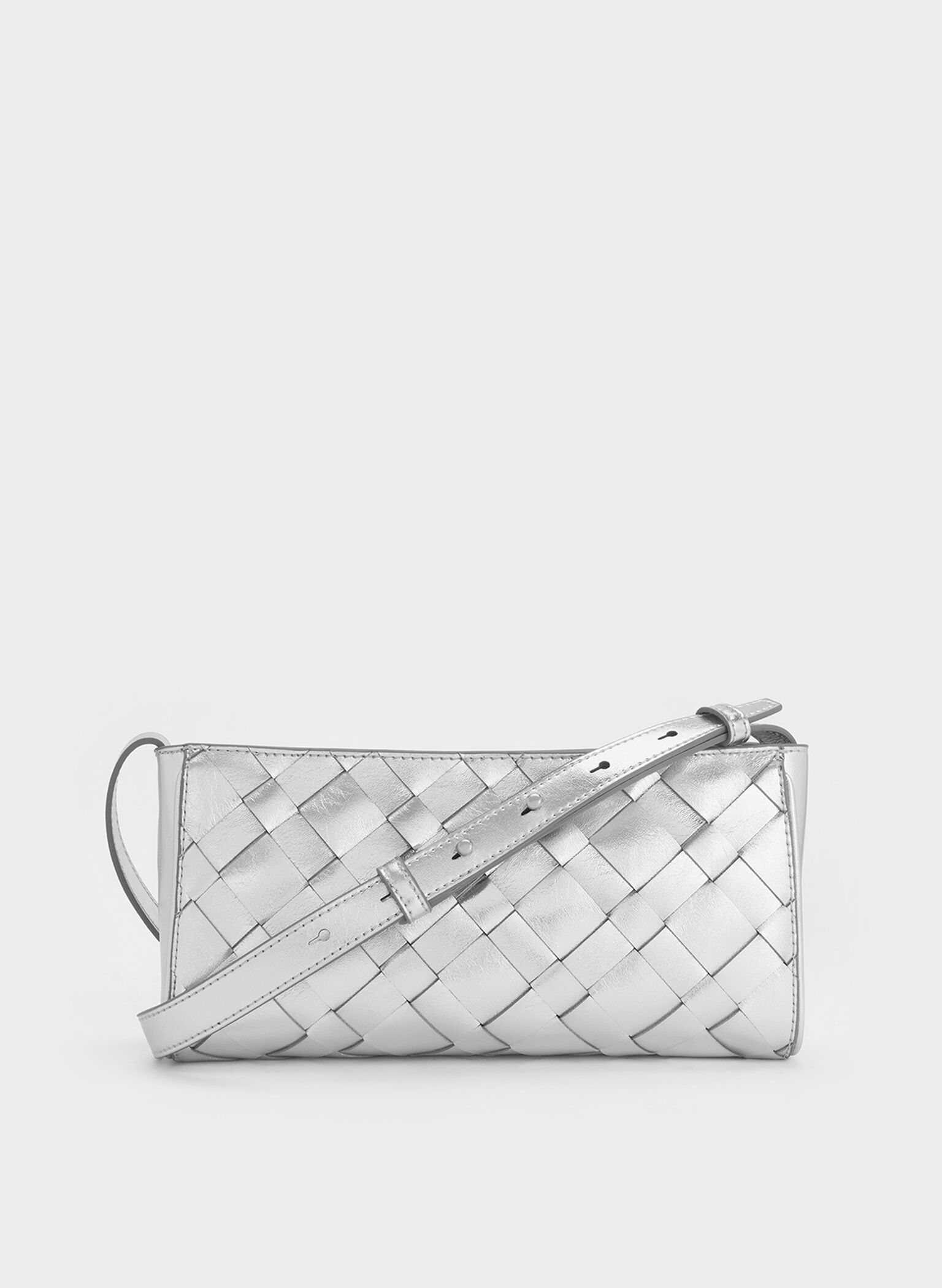 Ivette Metallic Woven Elongated Shoulder Bag, Silver, hi-res