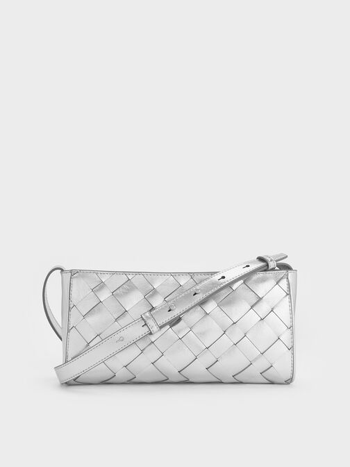 Ivette Metallic Woven Elongated Shoulder Bag, Silver, hi-res