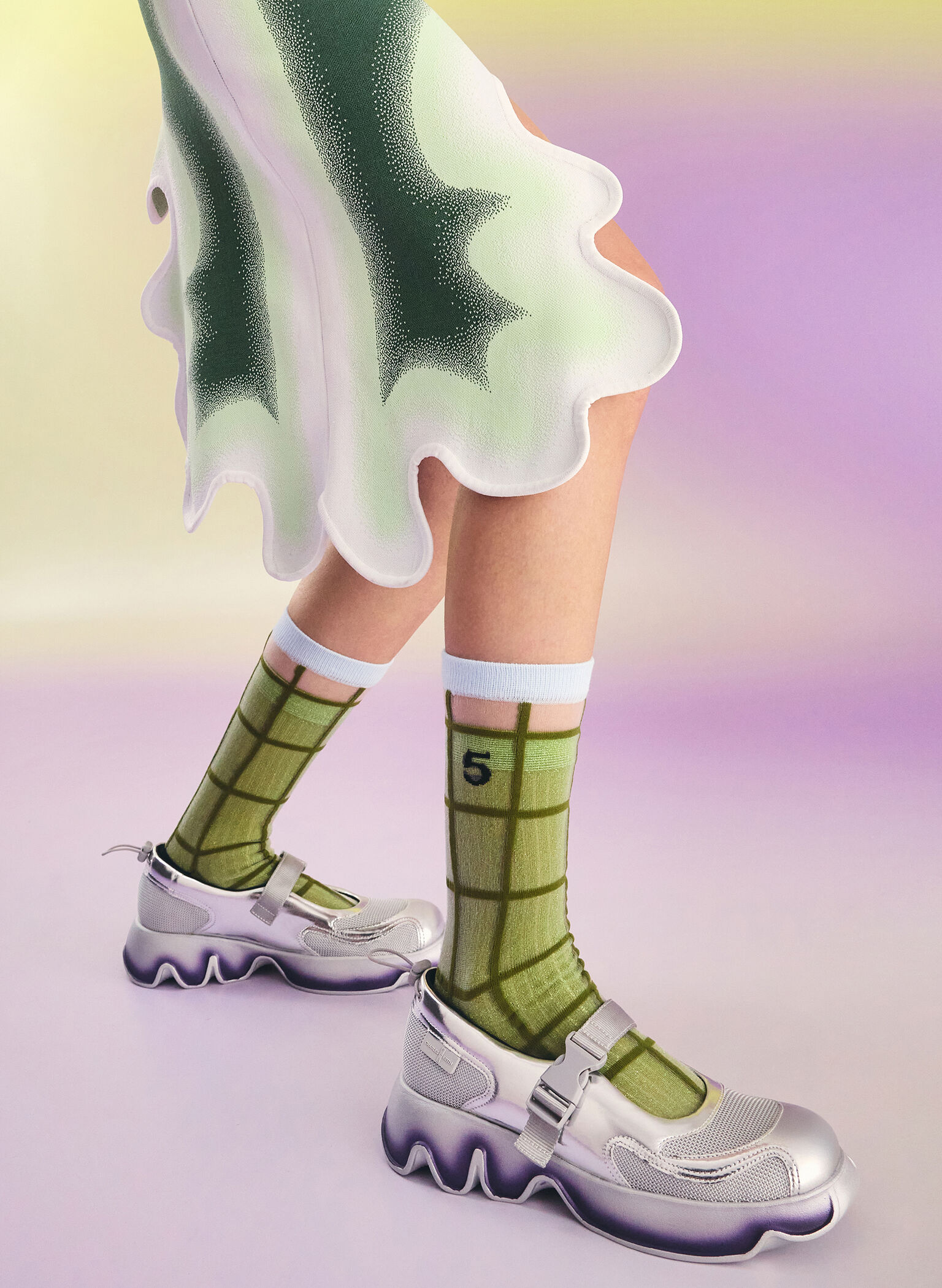 Mesh Gradient Wave Mary Jane Sneakers, Silver, hi-res